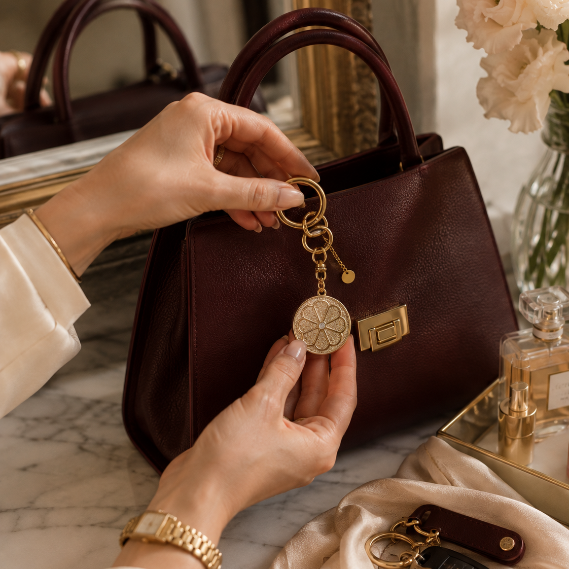Parfum-Charm an einer Handtasche