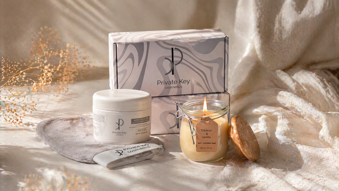 Kleine Spa Geschenkkorb | Selbstpflege-Box | Wellness Hautpflege-Set | Scrub & Kerze