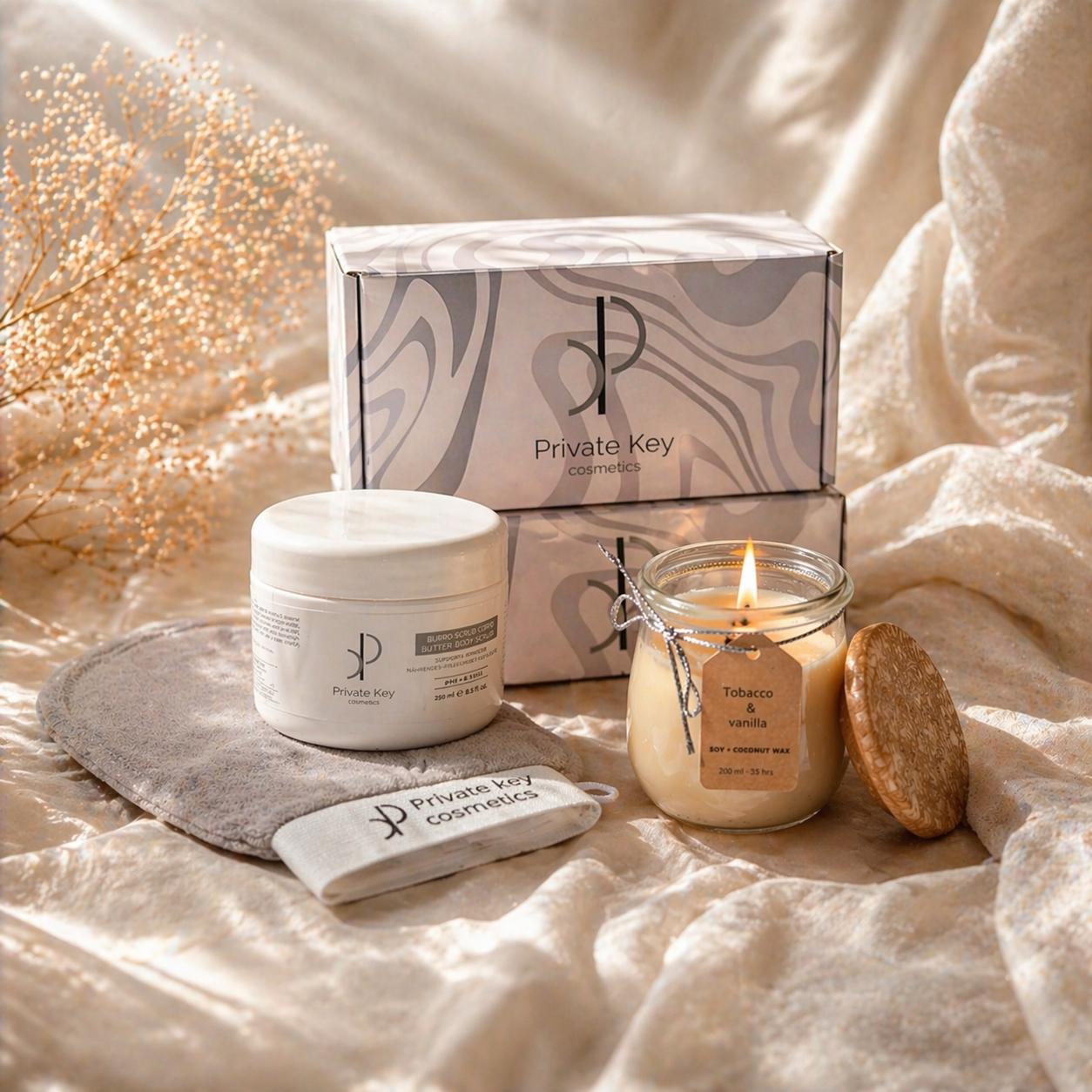 Kleine Spa Geschenkkorb | Selbstpflege-Box | Wellness Hautpflege-Set | Scrub & Kerze